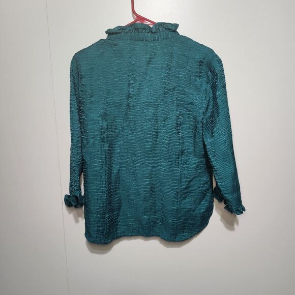 Drapers & Damons Top Women PM Petite Green Blouse Ruffled Buttons Crinkle - Picture 5 of 9